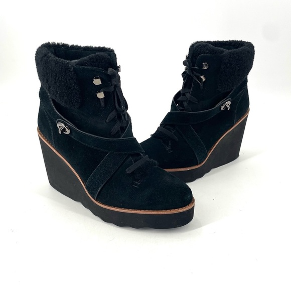 COACH Kenna Shearling Suede Black Buckle Leather Wedge Ankle Platform Boot - Picture 1 of 8